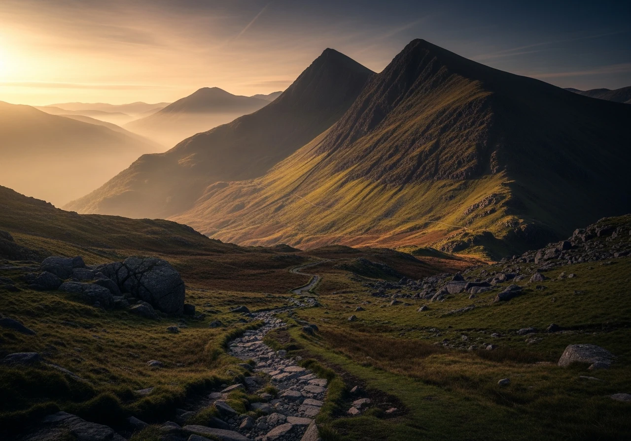 Golden light over Welsh mountain ridges