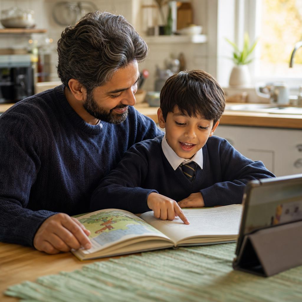 Illustrative AI-generated image of a parent and child reading together at home