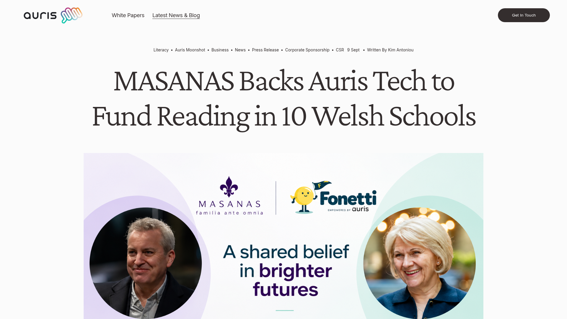 MASANAS Backs Auris Tech to Fund Reading in 10 Welsh Schools